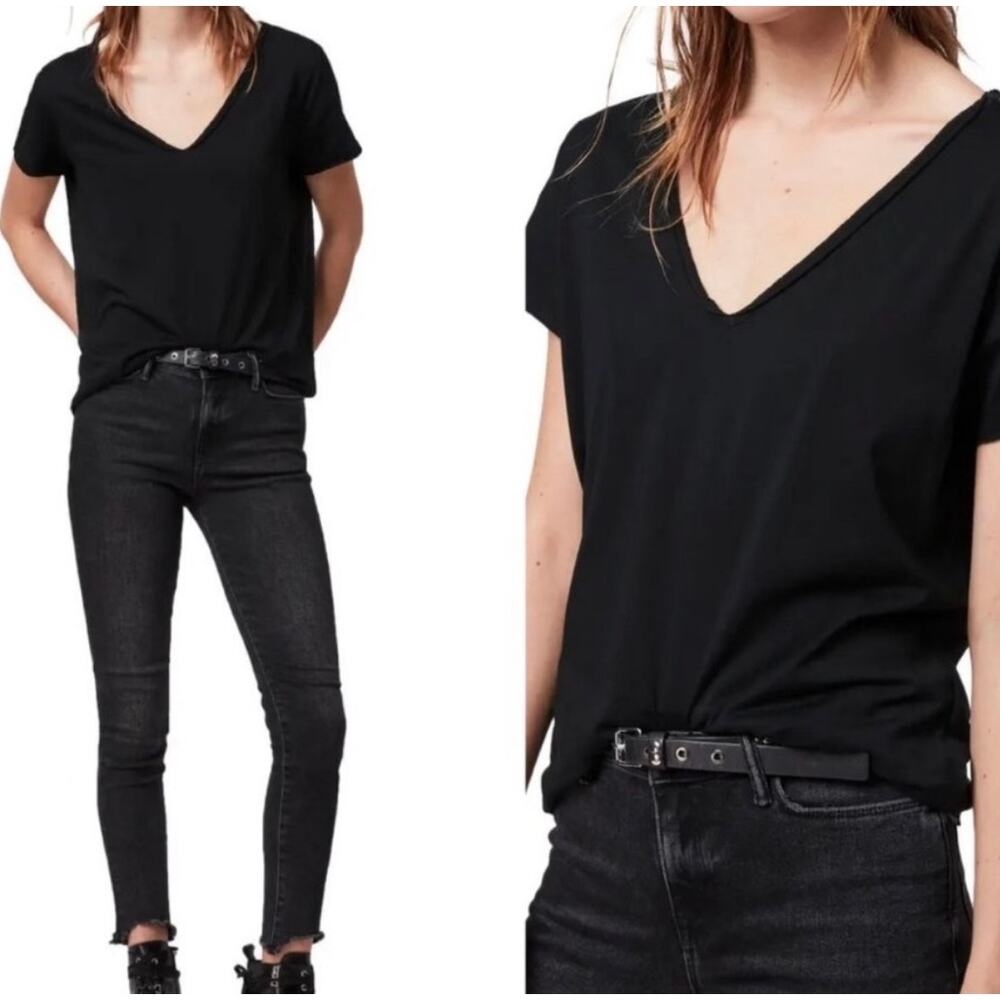 ALLSAINTS Emelyn Cotton V-Neck Tee Black XS